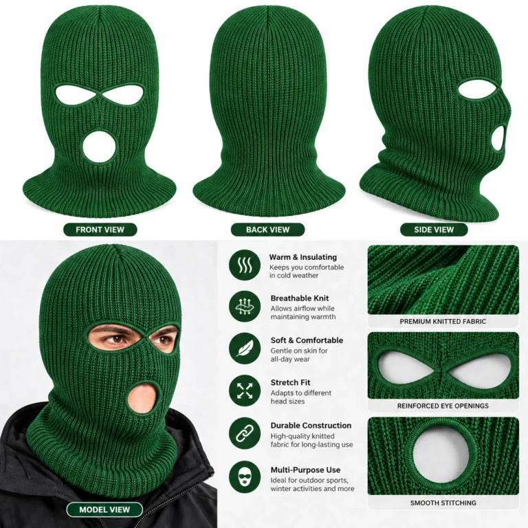 Pine Green Three-Hole Knitted Balaclava – Warm, Breathable Knit: features and views