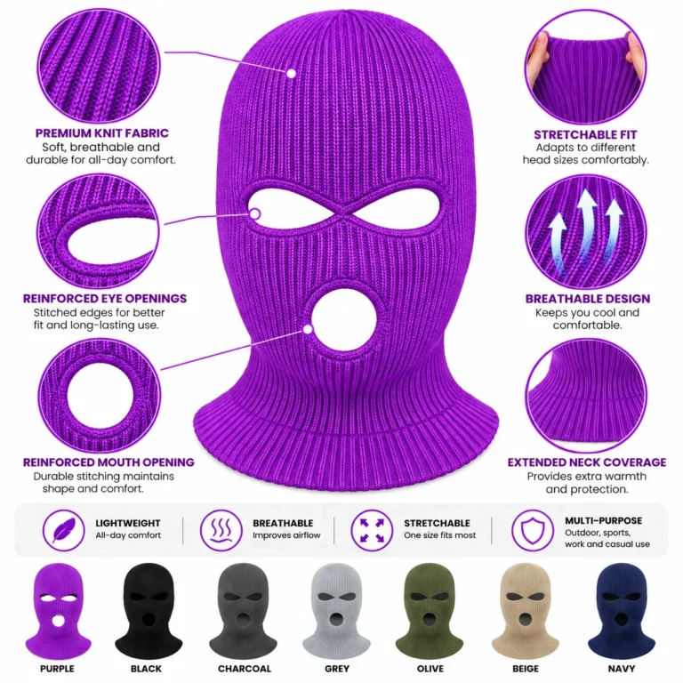 Purple Three-Hole Knitted Balaclava – Reinforced Openings: features and views