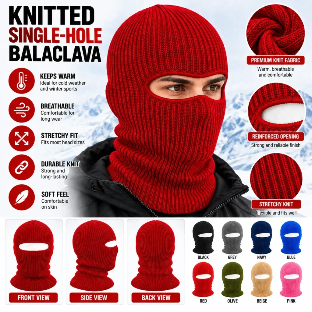 Cagoule tricotée rouge à une ouverture – maille côtelée chaude pour l’hiver : caractéristiques et vues