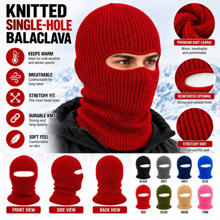 Red One-Hole Knitted Balaclava – Warm Rib Knit for Winter: features and views