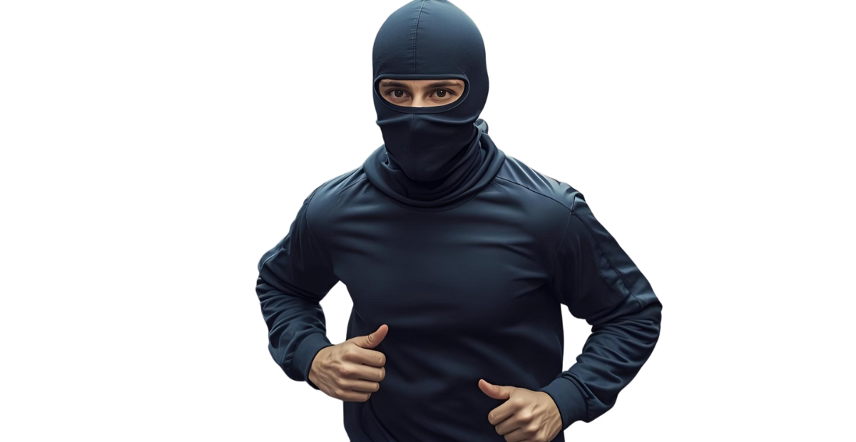 Person, die eine dunkle Sturmhaube und ein langärmeliges Hemd trägt, wobei nur die Augen durch die Maske sichtbar sind.
