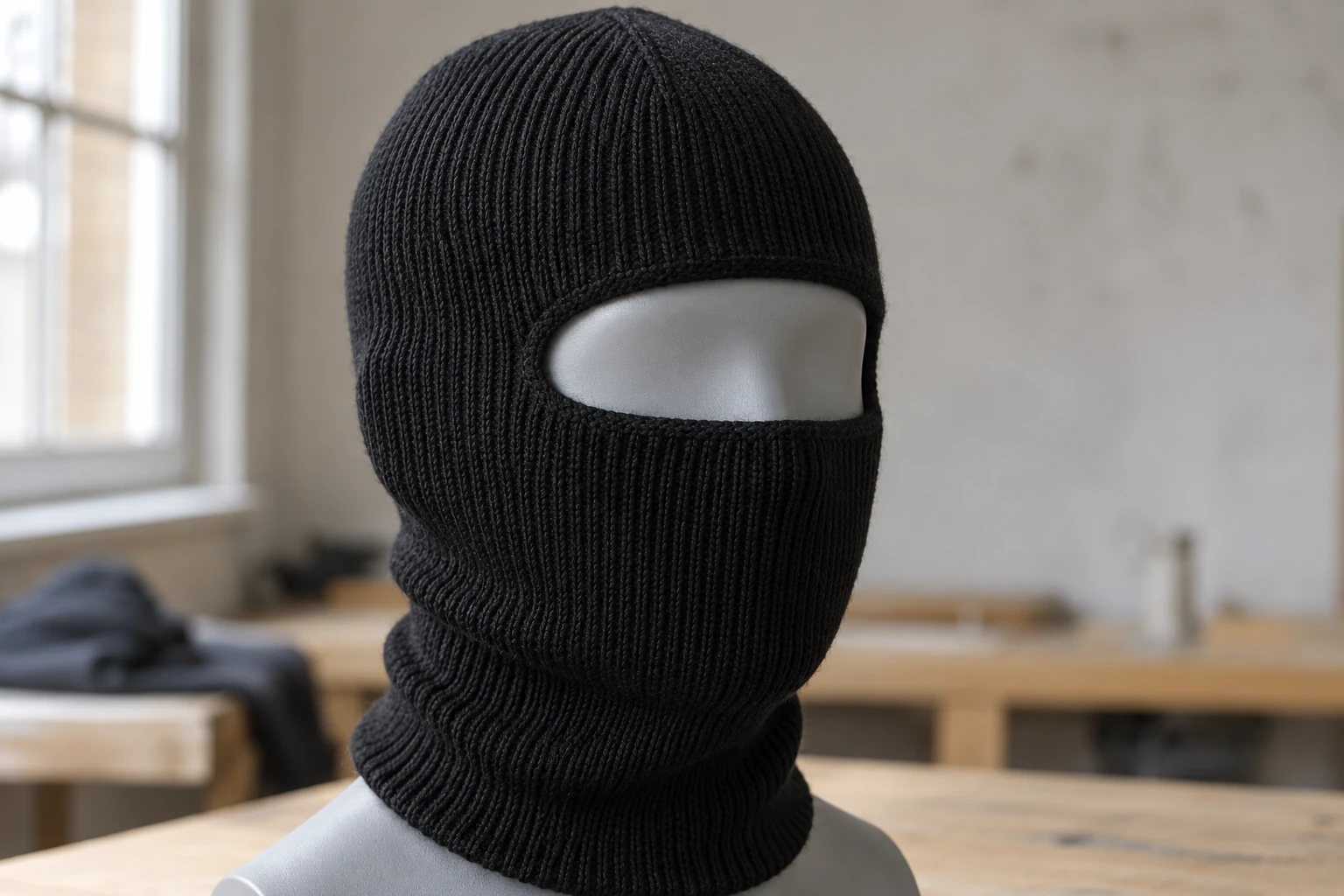 Black knitted one-hole balaclava, often called a shiesty or ski mask, on a grey mannequin head
