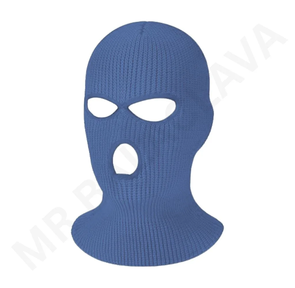 Blue knitted balaclava with three holes (ski mask)