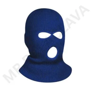 A blue knitted balaclava mask with eye and mouth openings.
