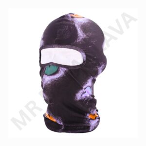 Dark purple balaclava with a breathable eye opening and small orange accents; abstract lighter purple and orange pattern on fabric, full-coverage head and neck design.