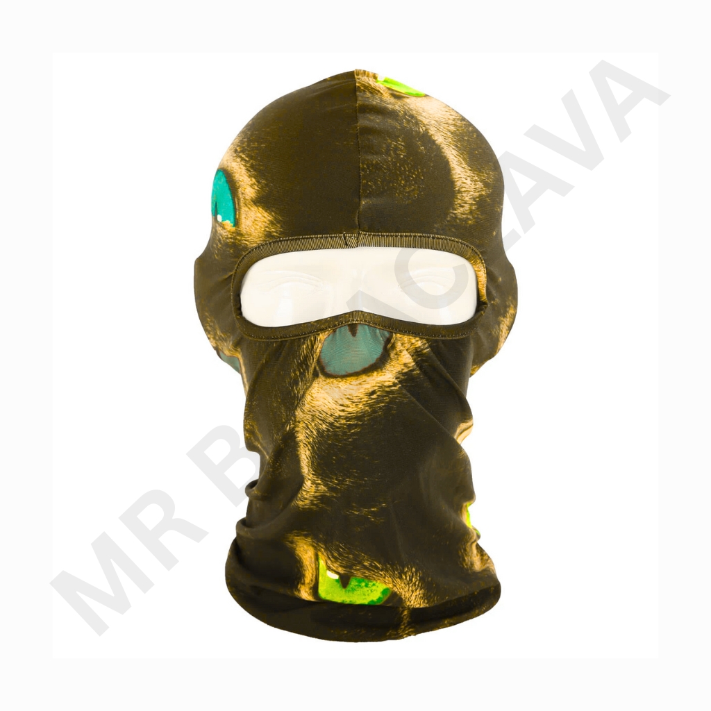 Camouflage-style balaclava with a large eye opening and reflective olive-green and gold patterns; stretchy fabric covering head and neck.