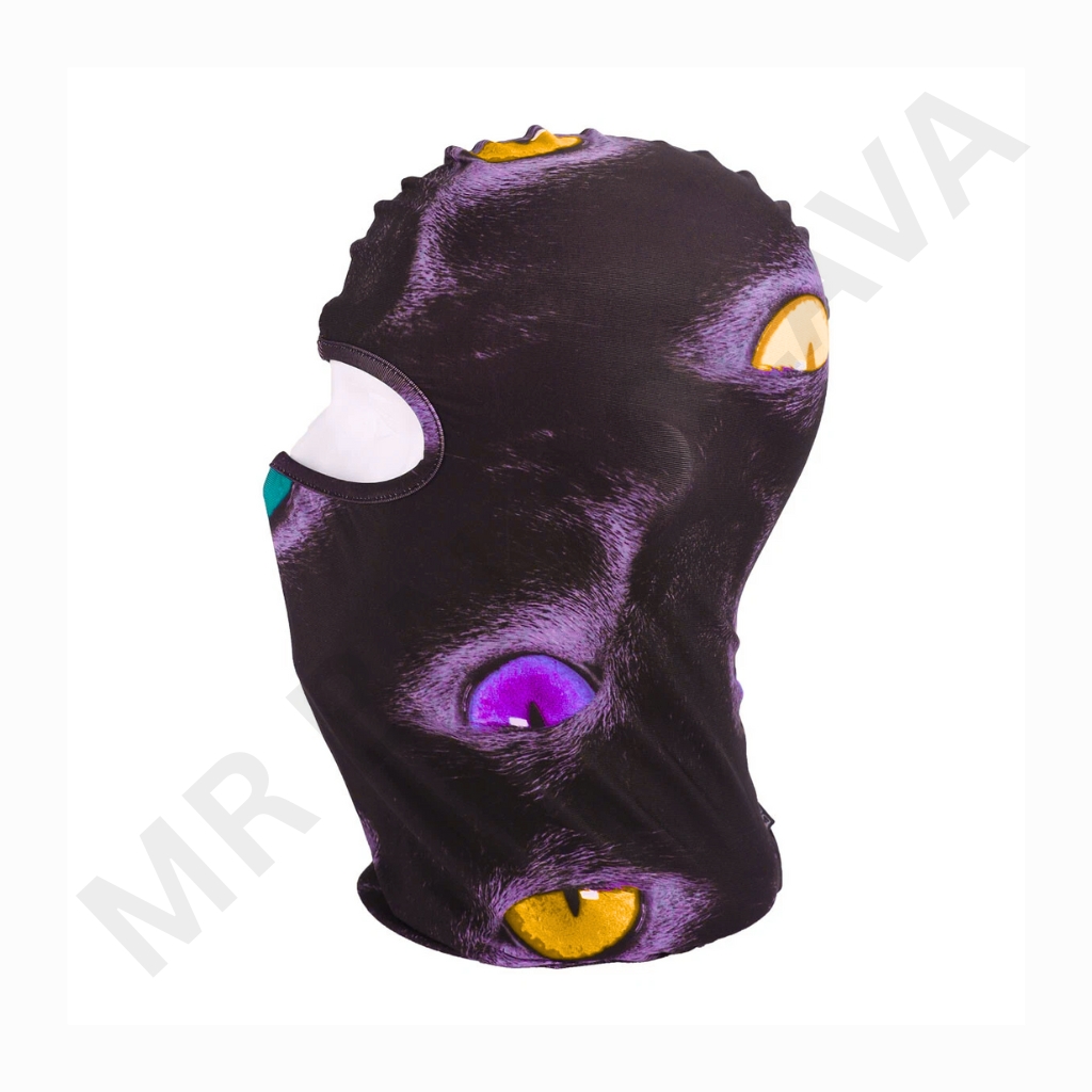 Camouflage-style balaclava with a long neck covering and a horizontal eye-opening; grayscale black, white, and gray pattern.