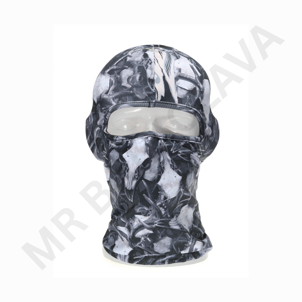 Camouflage-style balaclava with a large eye opening and reflective olive-green and gold patterns; stretchy fabric covering head and neck.