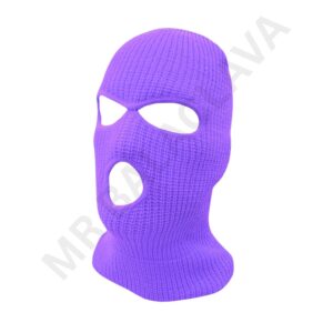 A bright purple knit balaclava ski mask with eye openings and a mouth hole.