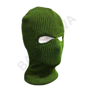 Green knitted balaclava with eye openings.