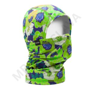 A vibrant floral-patterned knit balaclava with a floral green and blue design.