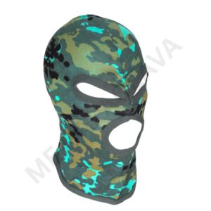 Green, brown, black, and teal camouflage balaclava with eye and mouth openings.