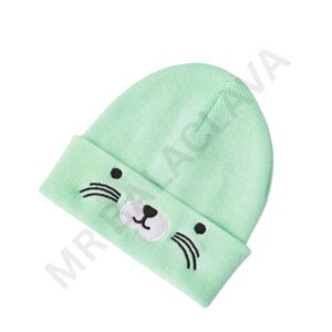 Light green beanie with an embroidered cartoon seal face on the cuff.