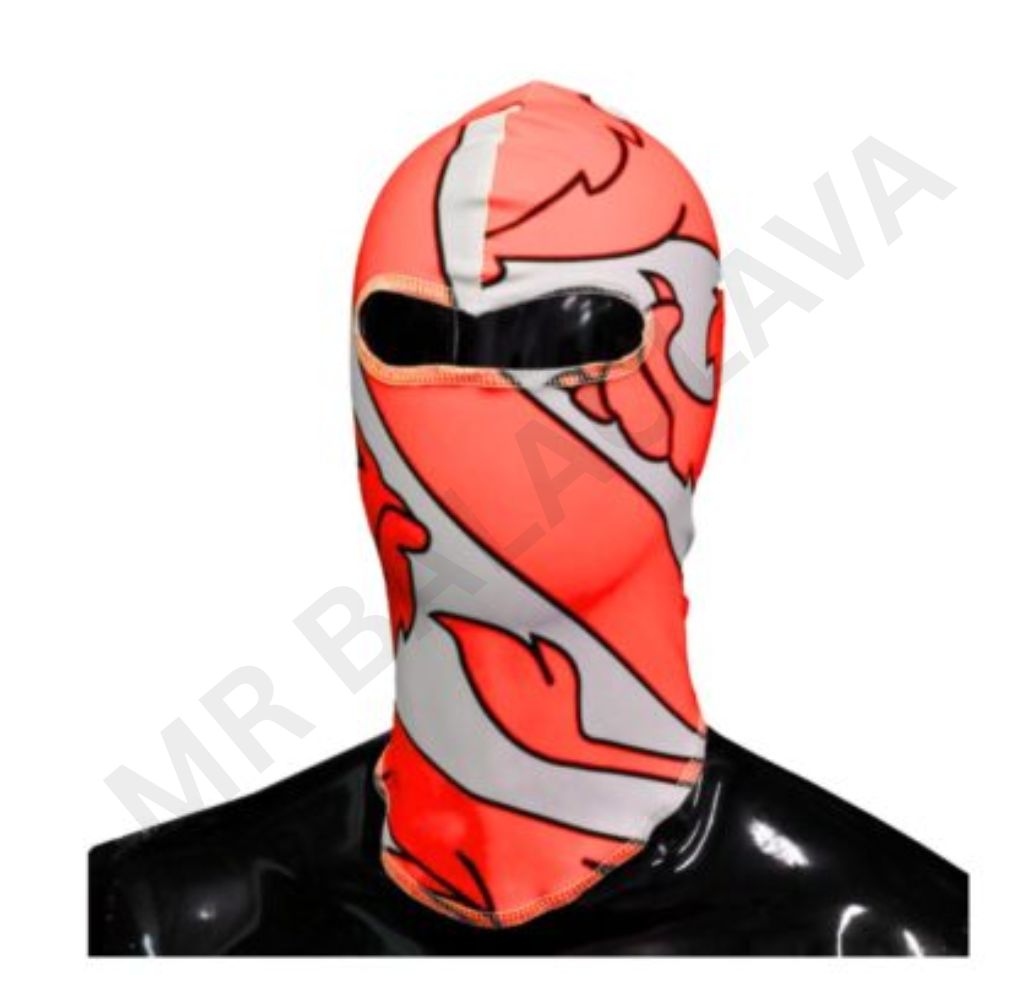A red and white patterned balaclava worn on a black mannequin.