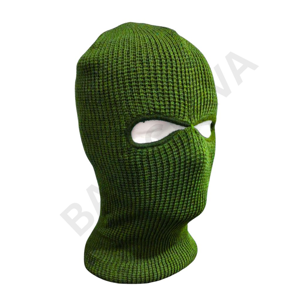 Green knitted balaclava with eye openings.
