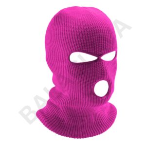 A bright pink knit balaclava ski mask with eye holes and a mouth opening.