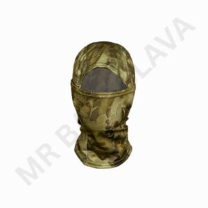 Camouflage balaclava with a large over-the-face mesh viewing window, full head and neck coverage in a brown-green woodland print.