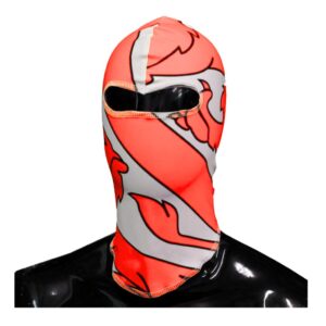 A close-up of a red and gray ski mask with an eye opening, worn over a black shirt.