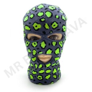 Balaclava with a grey and neon green leopard print pattern, featuring cutouts for eyes and mouth