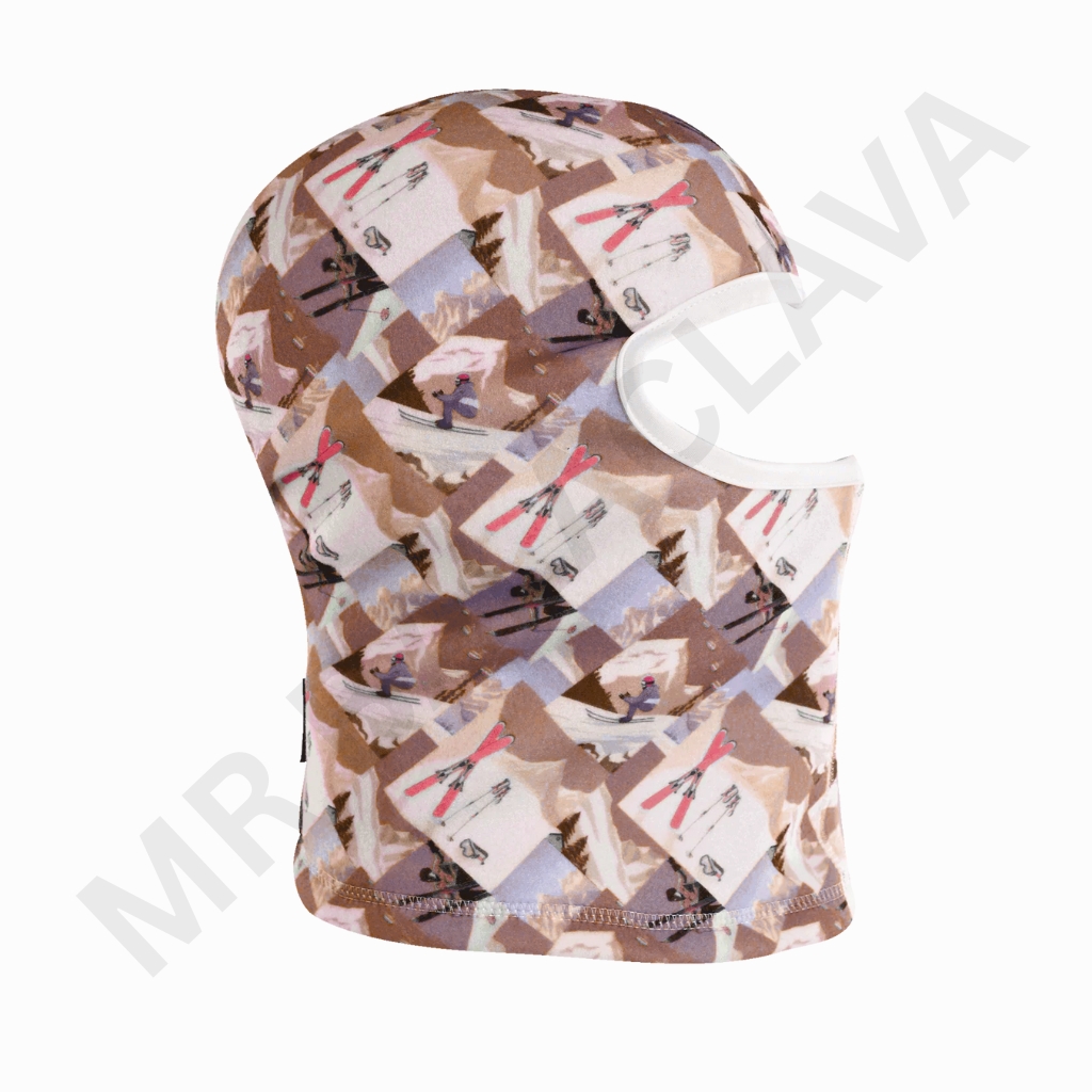 Winter ski balaclava with a geometric patchwork pattern in brown, beige, and pale pink tones featuring small skier illustrations.