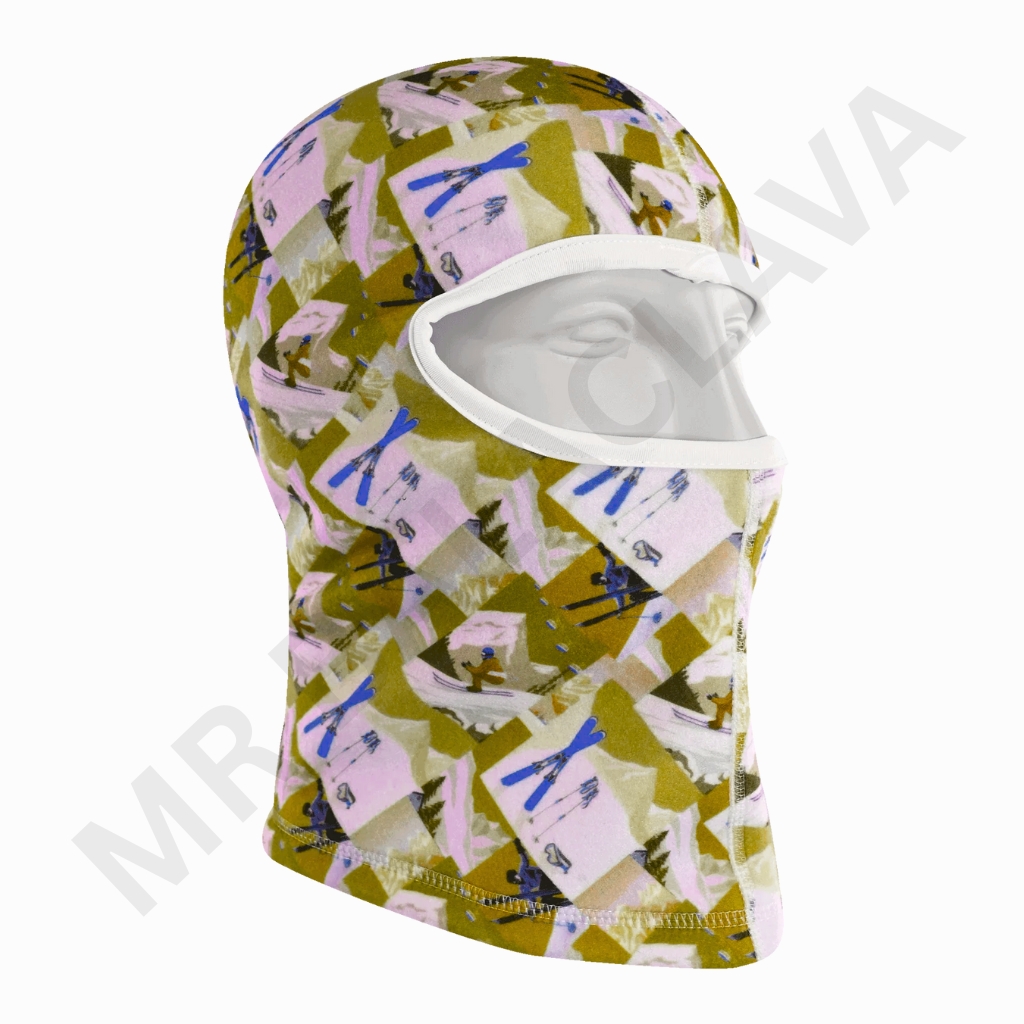 Patterned balaclava with an eye-opening face area, featuring geometric shapes in tan, pink, and blue tones.