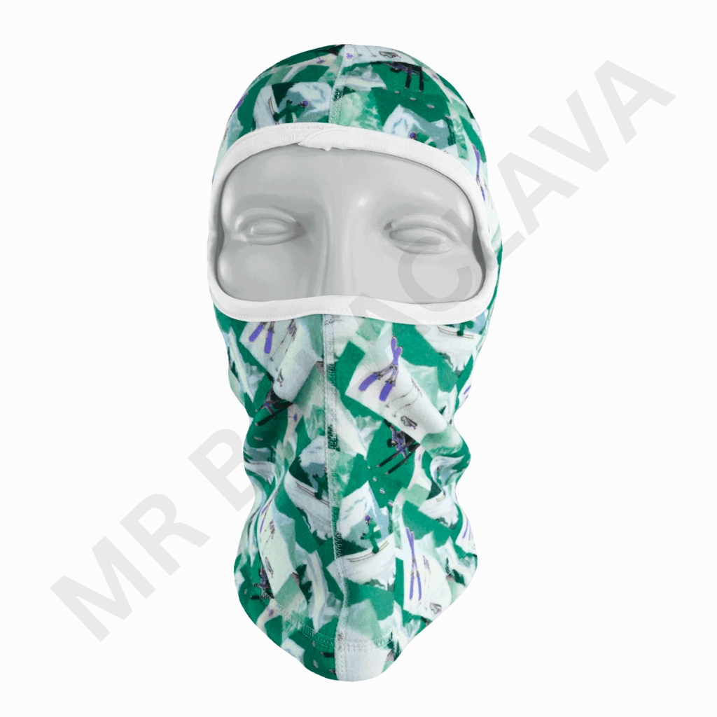 Green and white geometric-pattern balaclava with a built-in face opening and white trim.