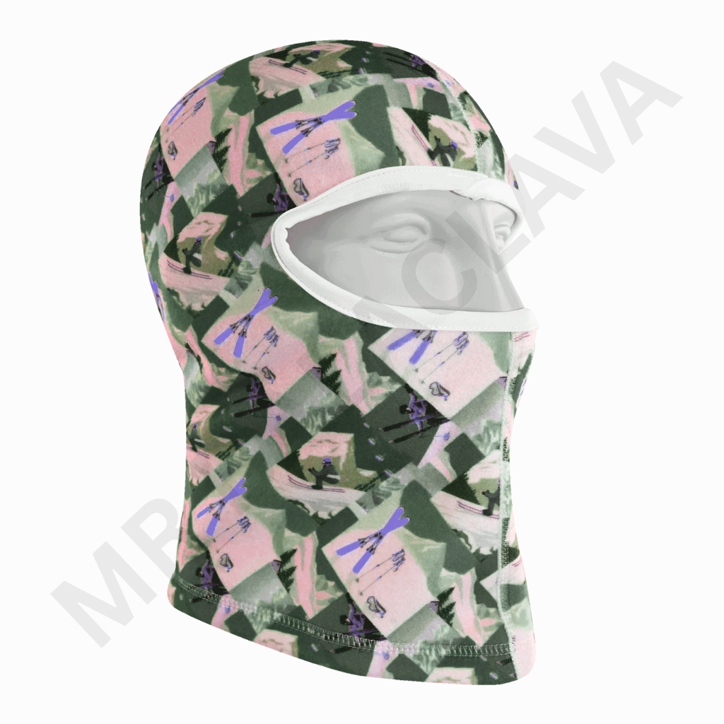Green and pink geometric-pattern balaclava with a white face opening trim and printed ski figures.