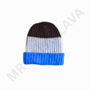 Color-blocked knit beanie with a dark brown top, light gray middle band, and bright blue cuff, shown from the front