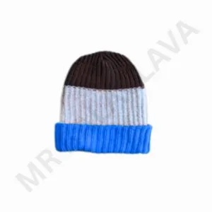 Color-blocked knit beanie with a dark brown top, light gray middle band, and bright blue cuff, shown from the front