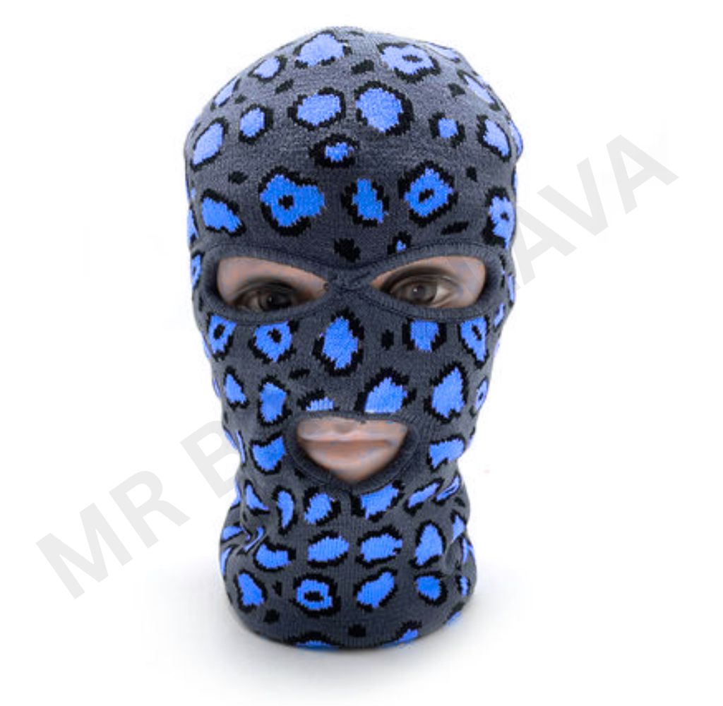 Balaclava with a grey and blue leopard print pattern, featuring cutouts for eyes and mouth
