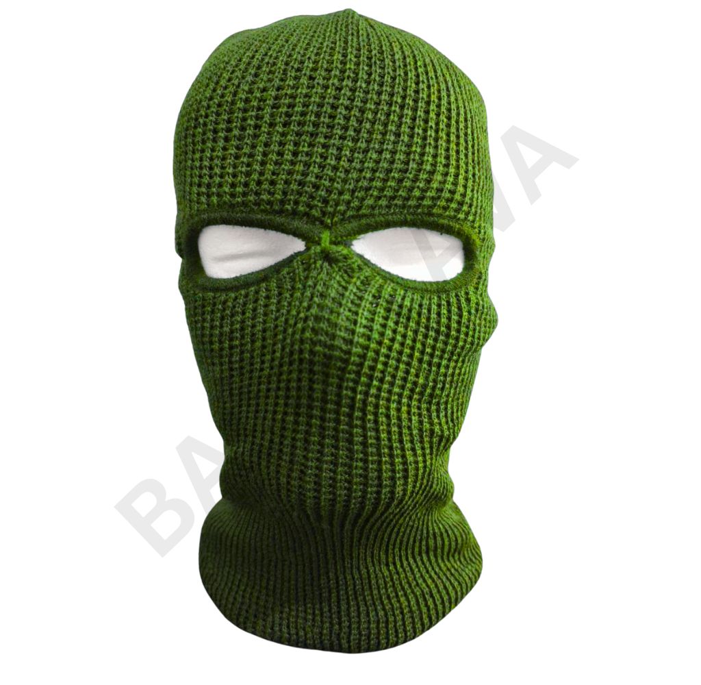 Green knitted balaclava mask with eye openings.