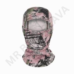 Full-face balaclava in pink camouflage pattern with eye opening, neck and head coverage.