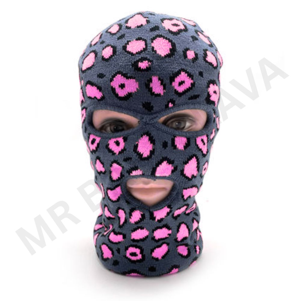 Balaclava with a grey and pink leopard print pattern, featuring cutouts for eyes and mouth