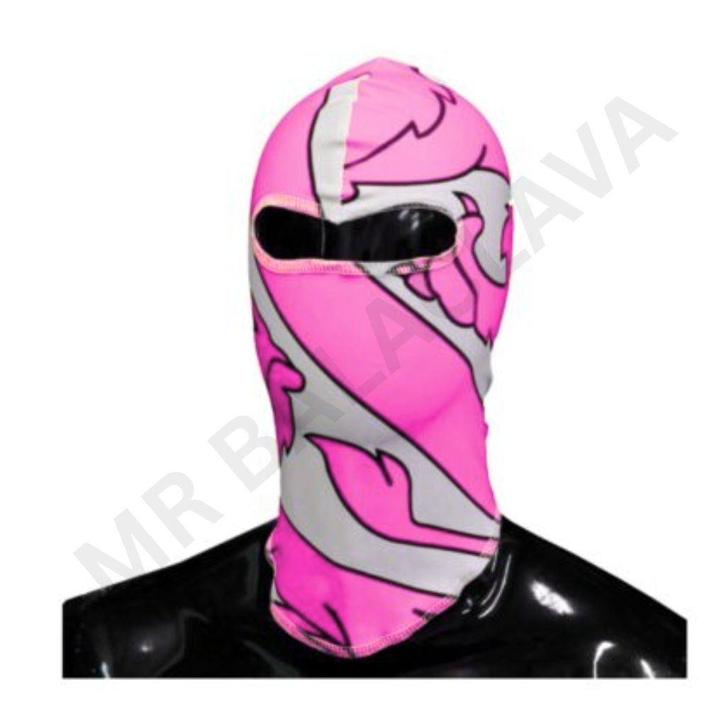 A pink and white patterned balaclava worn on a black mannequin.