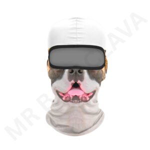 White balaclava with a printed dog face design and black goggles.” Caption: “Playful dog-face 3D balaclava for outdoor adventures.