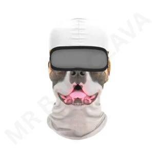 White balaclava with a printed dog face design and black goggles.” Caption: “Playful dog-face 3D balaclava for outdoor adventures.