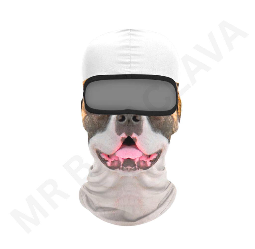 White balaclava with a printed dog face design and black goggles.” Caption: “Playful dog-face 3D balaclava for outdoor adventures.
