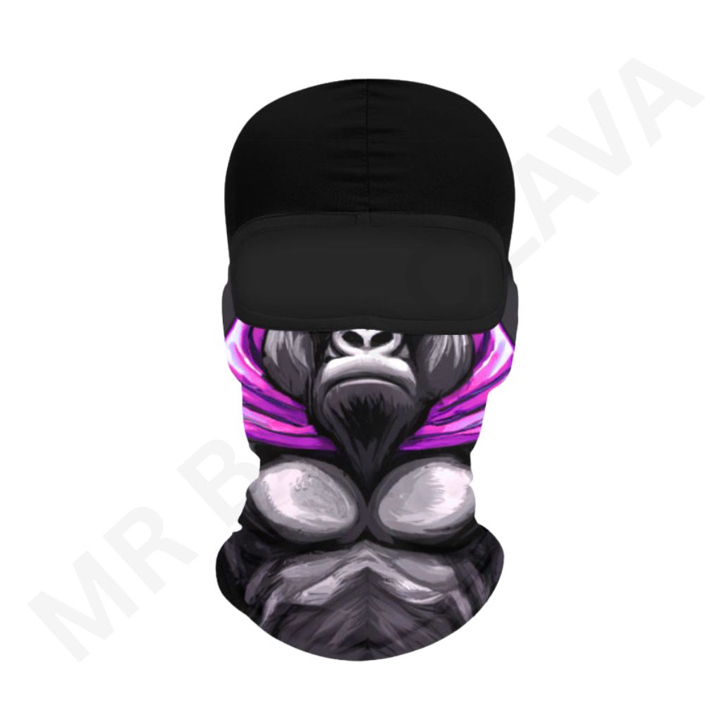 Black balaclava with a bold gorilla face print and purple scarf design around the neck.