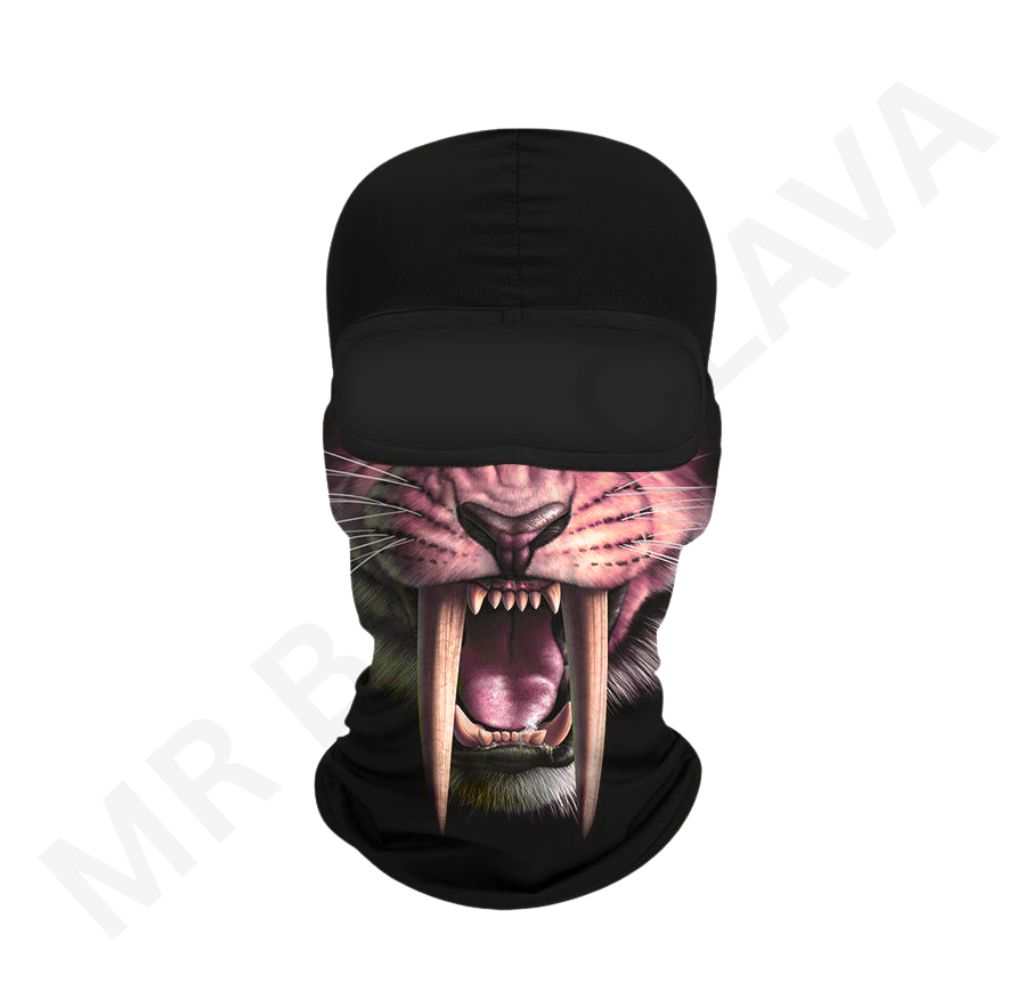 Black full-face balaclava with a fierce, open-mouthed wolf/baress design featuring large fangs on the front.