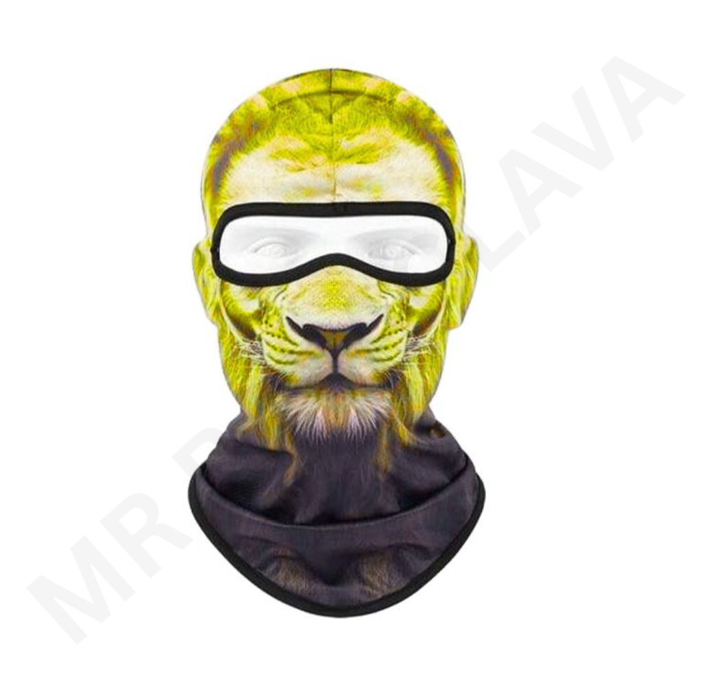 Yellow tiger face balaclava with a black-framed white goggles-style eye cover and a dark neck gaiter.