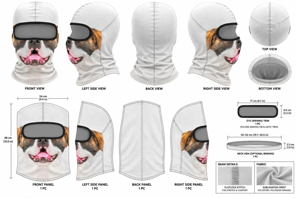Technical drawing of the 3D Animal Sublimated Balaclava: front, side, back, top and bottom views, panel layout, 24 × 38 cm, eye opening 17 × 5.5 cm, neck hem 50–52 cm