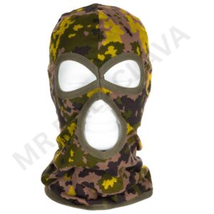 Green, brown, and yellow camouflage balaclava with white eye and mouth openings.