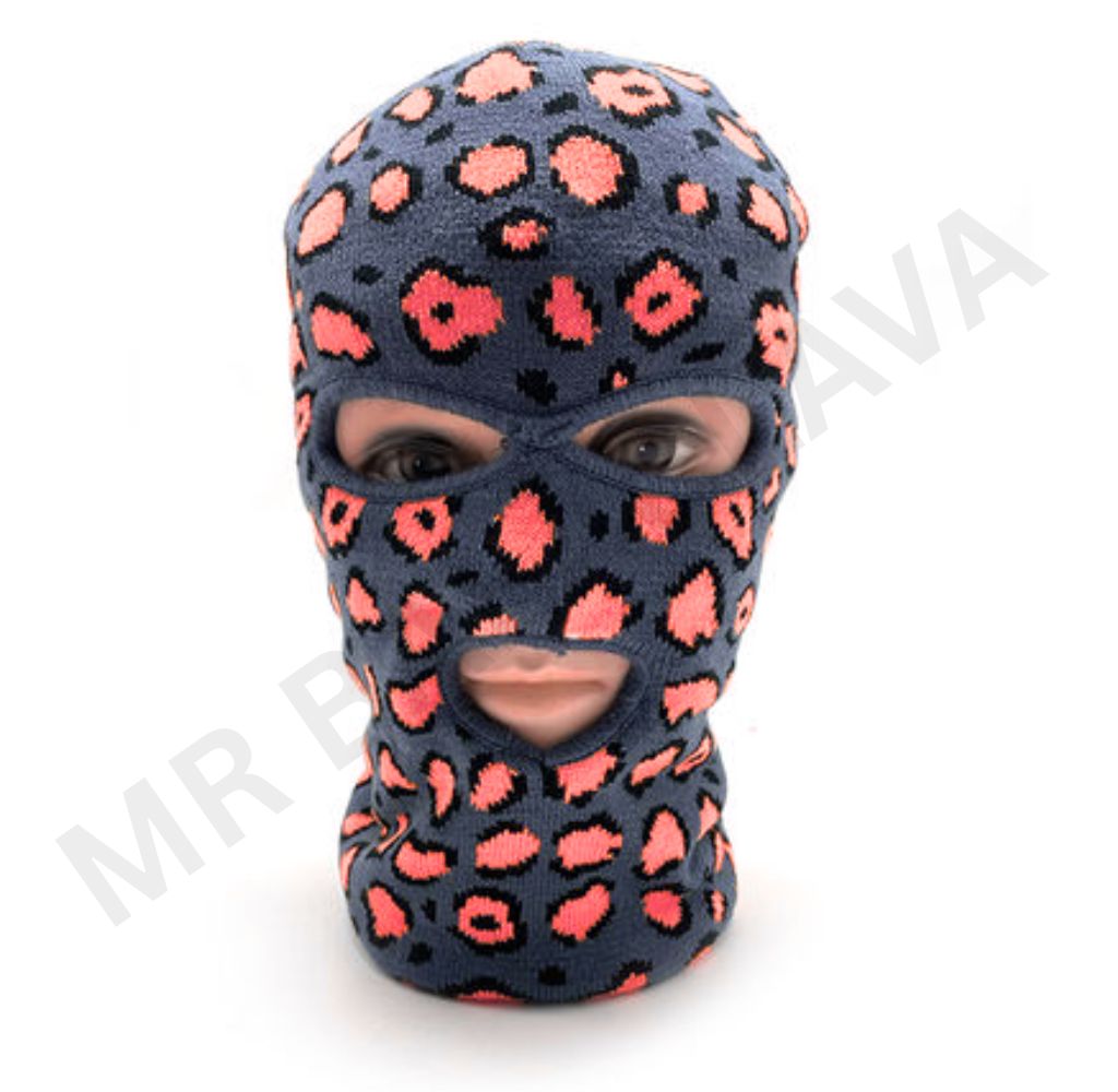 Balaclava with a grey and red leopard print pattern, featuring cutouts for eyes and mouth