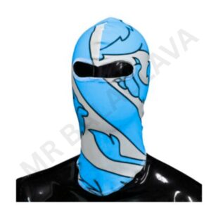 A blue and white patterned balaclava worn on a black mannequin.