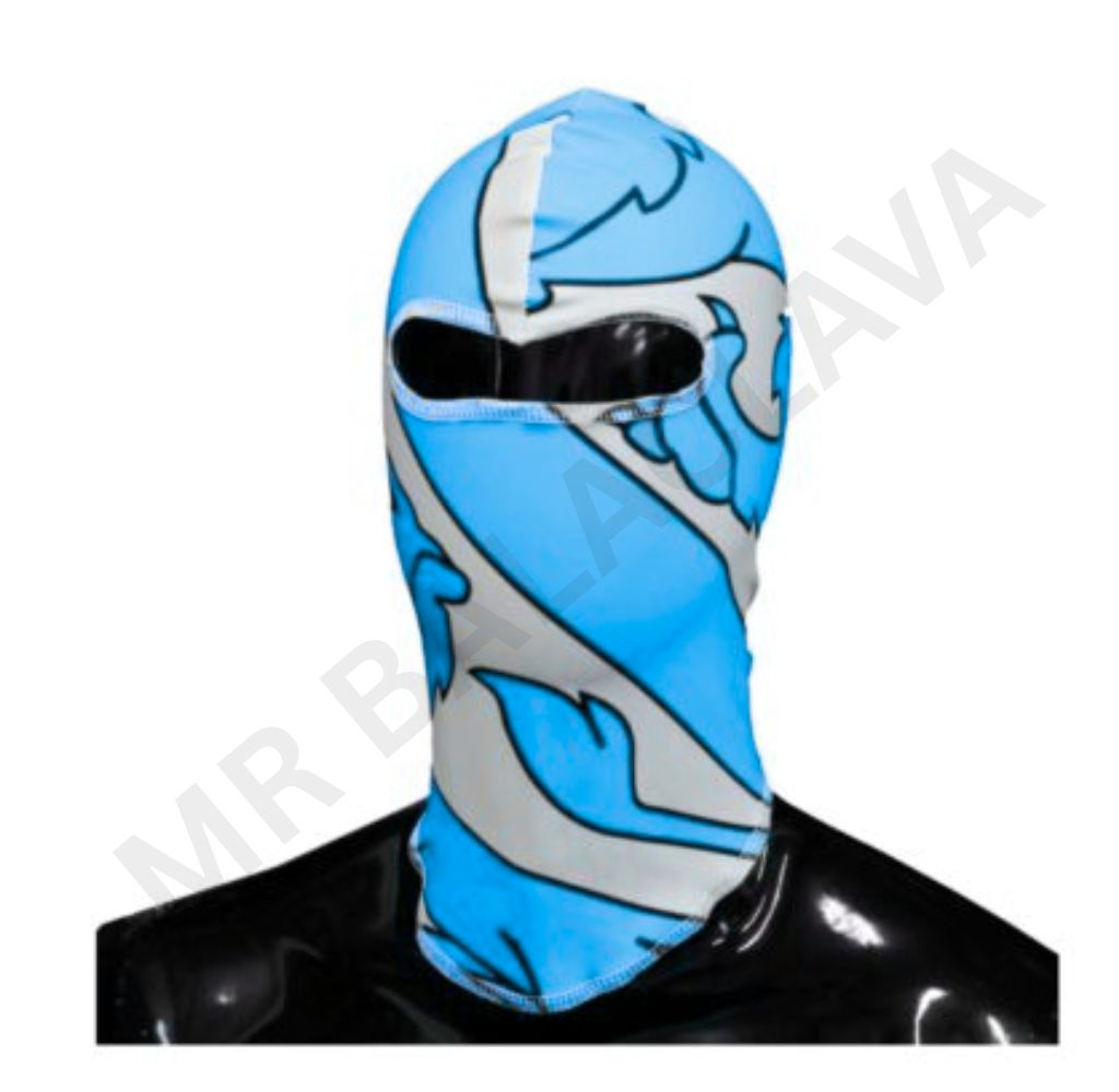 A blue and white patterned balaclava worn on a black mannequin.