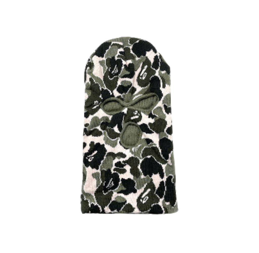 Camouflage balaclava with eye and mouth openings.