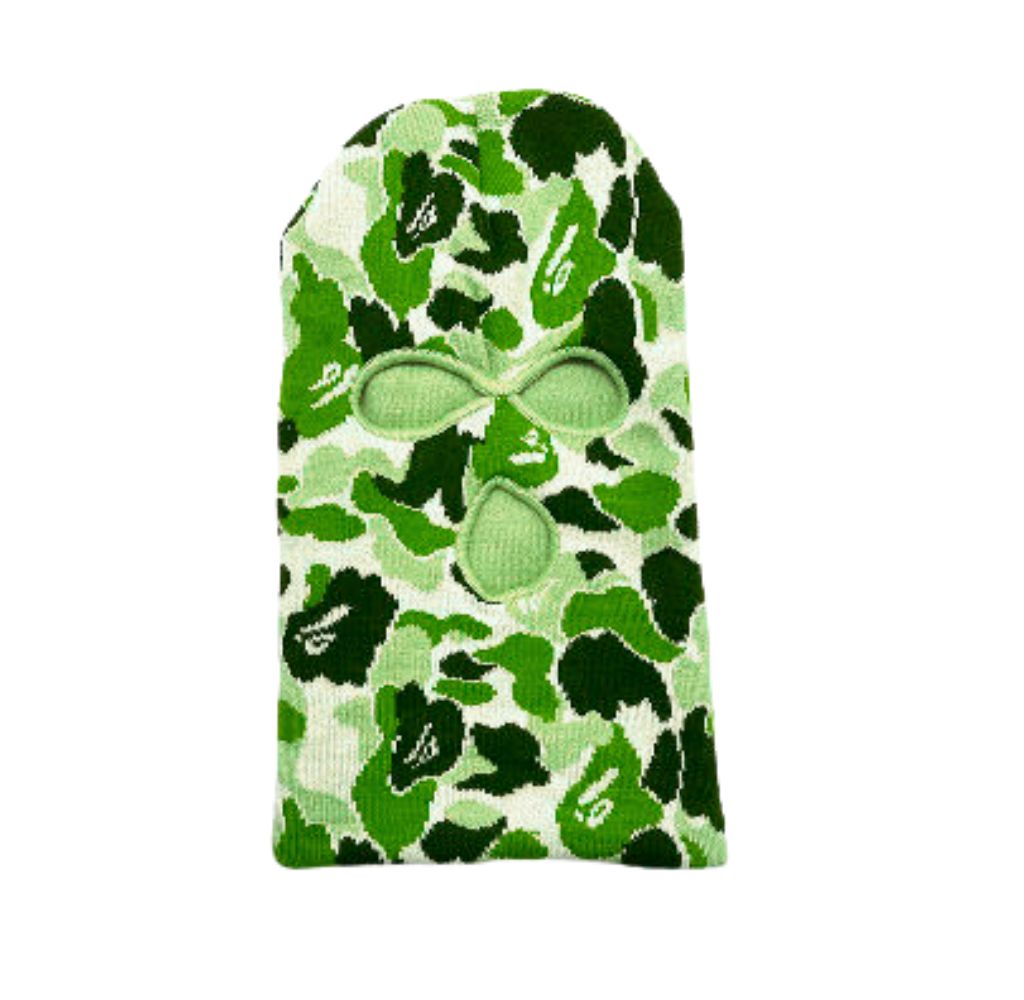 Green camouflage balaclava with eye and mouth openings.