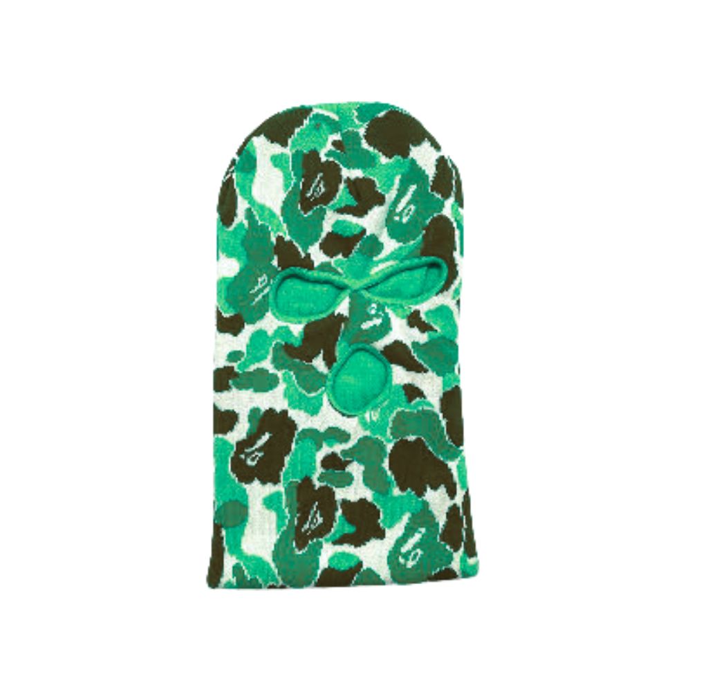 Green, brown, and white camouflage balaclava with eye and mouth openings.