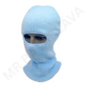 Light blue acrylic knit balaclava with single eye-opening and snug ribbed edges.