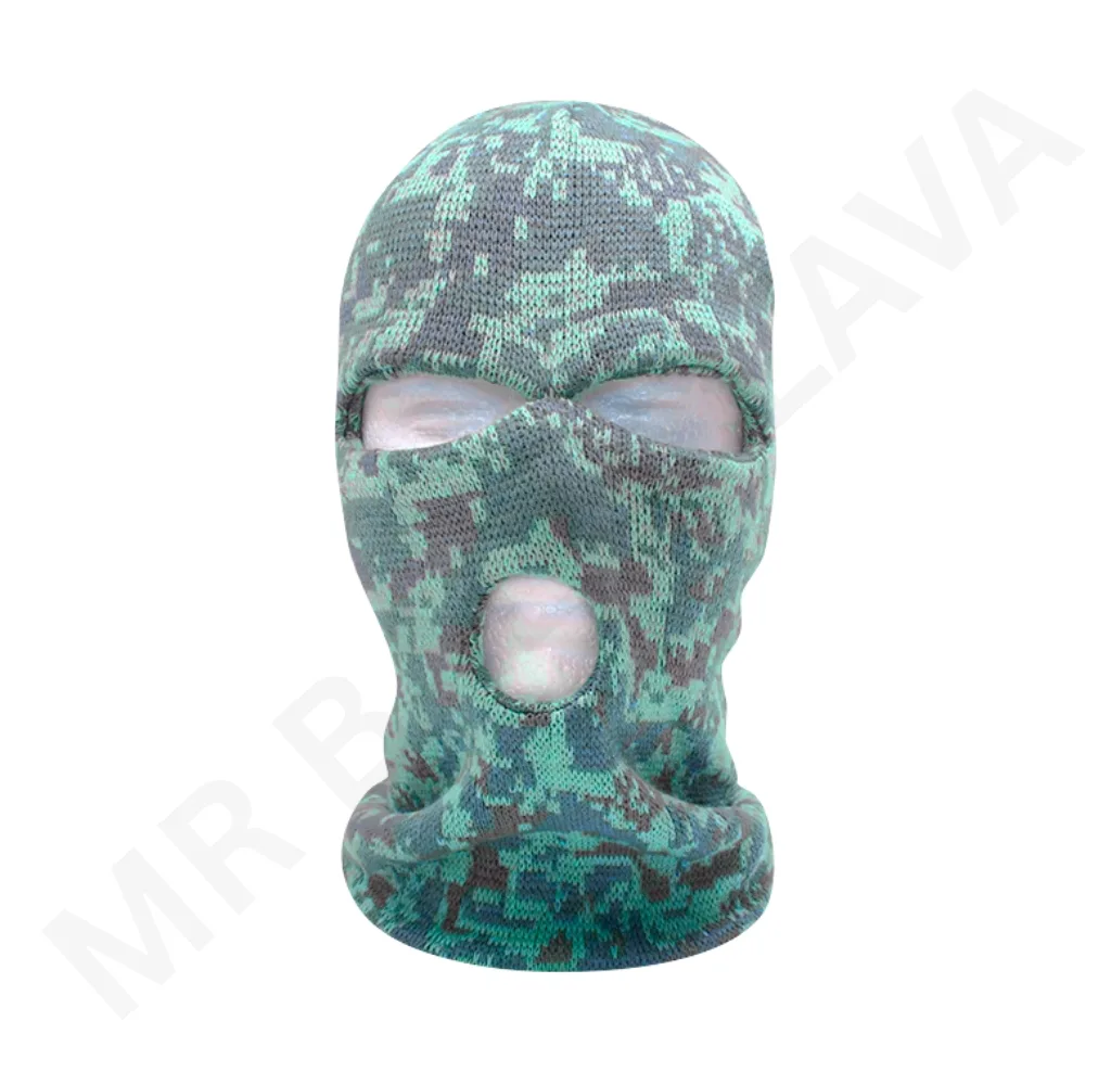 Camouflage balaclava in green and teal digital camouflage knit fabric with eye slits and mouth opening